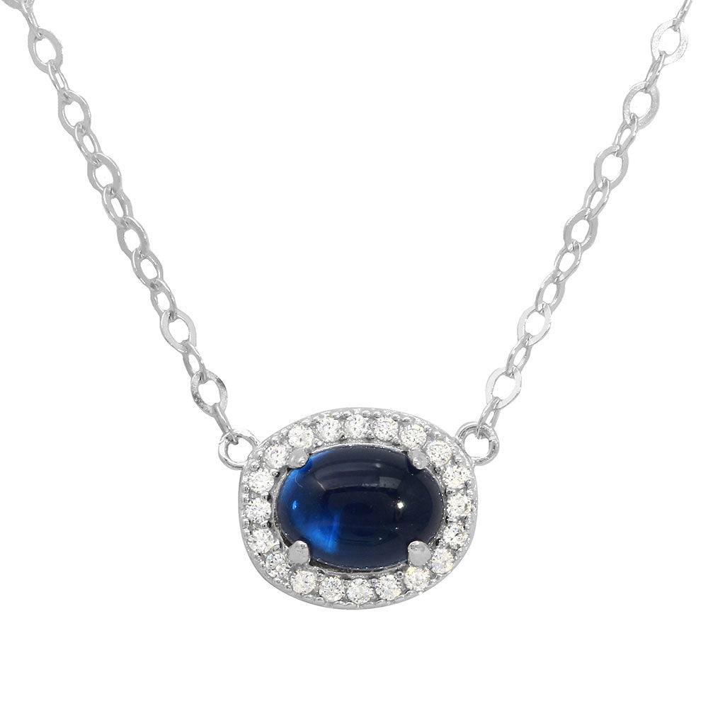 Rhodium Plated 925 Sterling Silver Oval Halo CZ Pendant Blue Center Stone Necklace - GMN00022-SEP