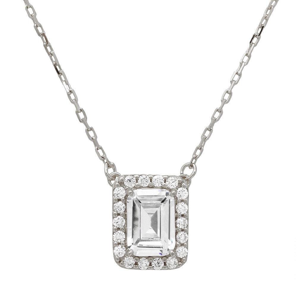 Rhodium Plated 925 Sterling Silver Square Halo CZ Pendant with Adjustable Chain - GMN00023