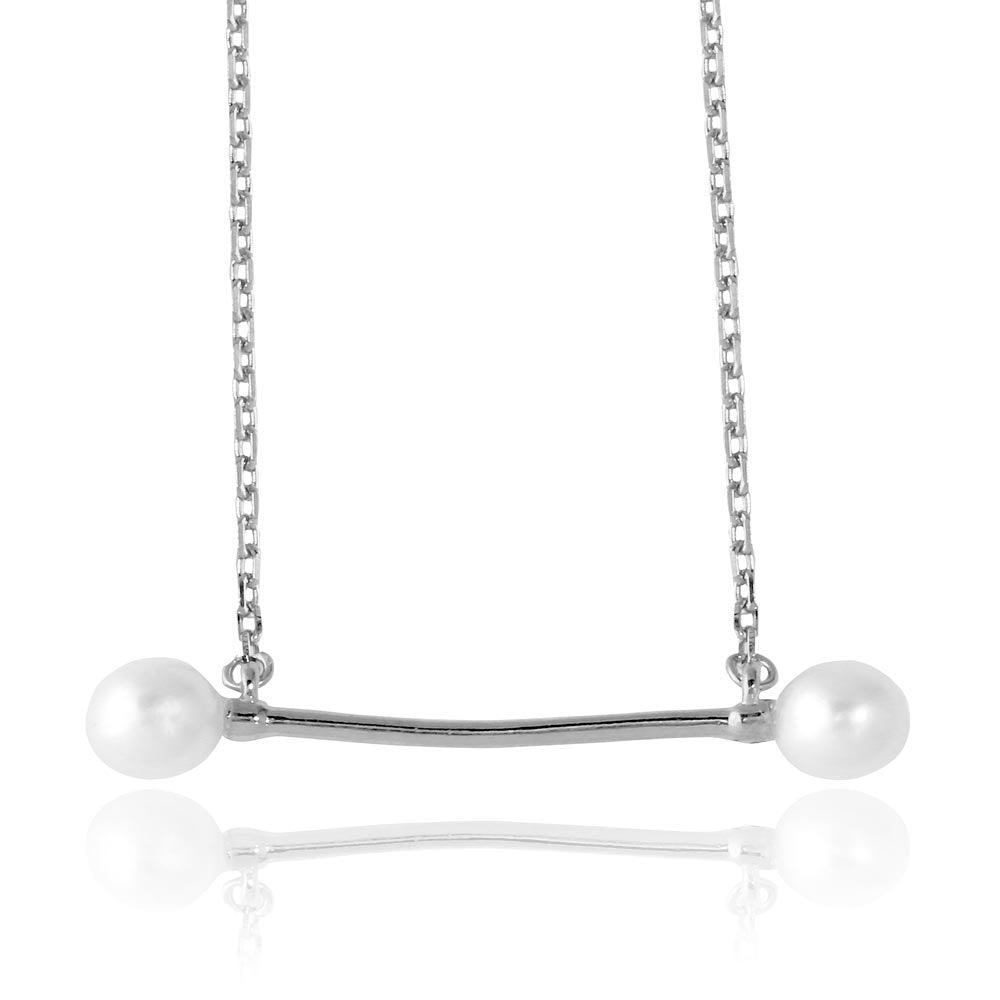 Rhodium Plated 925 Sterling Silver Fresh Water Pearl Bar Necklace - GMN00024RH