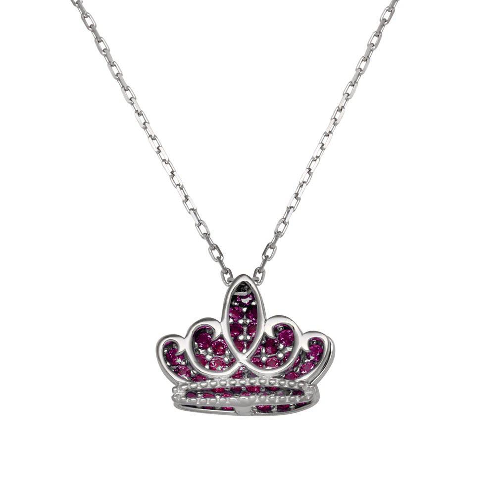 Rhodium Plated 925 Sterling Silver Red CZ Crown Necklace - GMN00036JULY