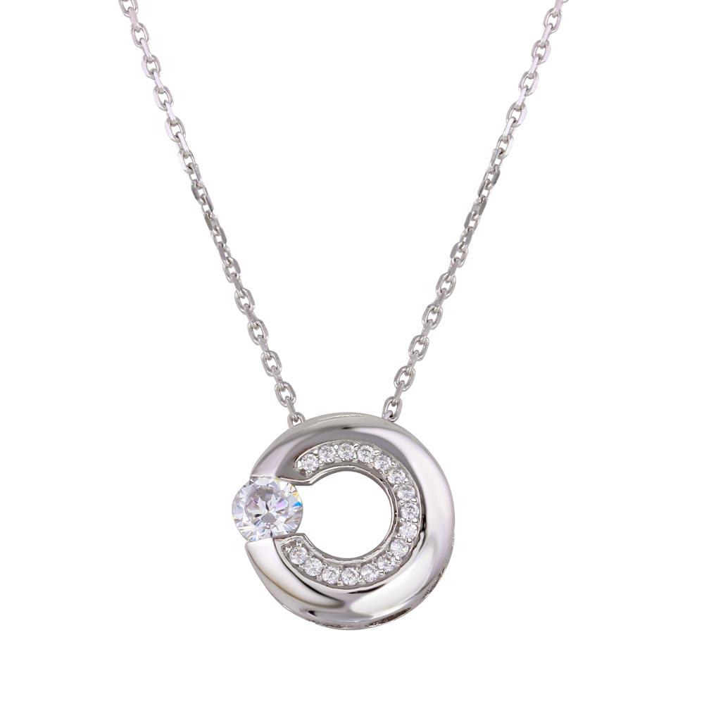 Rhodium Plated 925 Sterling Silver Open Circle Pendant Necklace with CZ - GMN00037