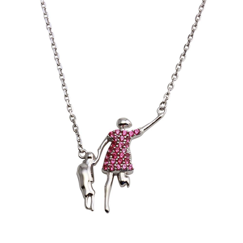 Rhodium Plated 925 Sterling Silver Pink CZ Mom And Baby Family Necklace - GMN00049