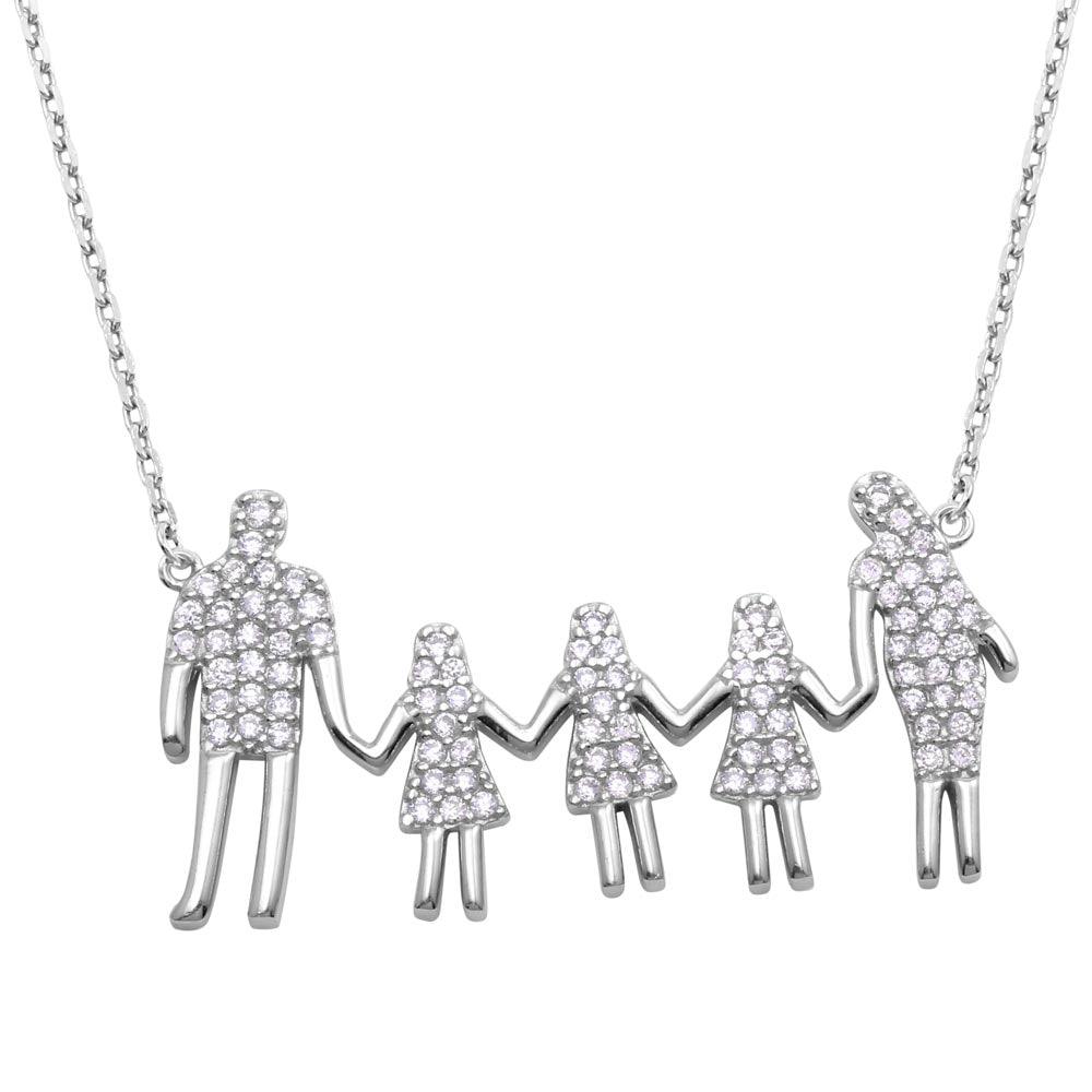 Rhodium Plated 925 Sterling Silver, Dad, and 3 Daughters Family Necklace with CZ - GMN00062