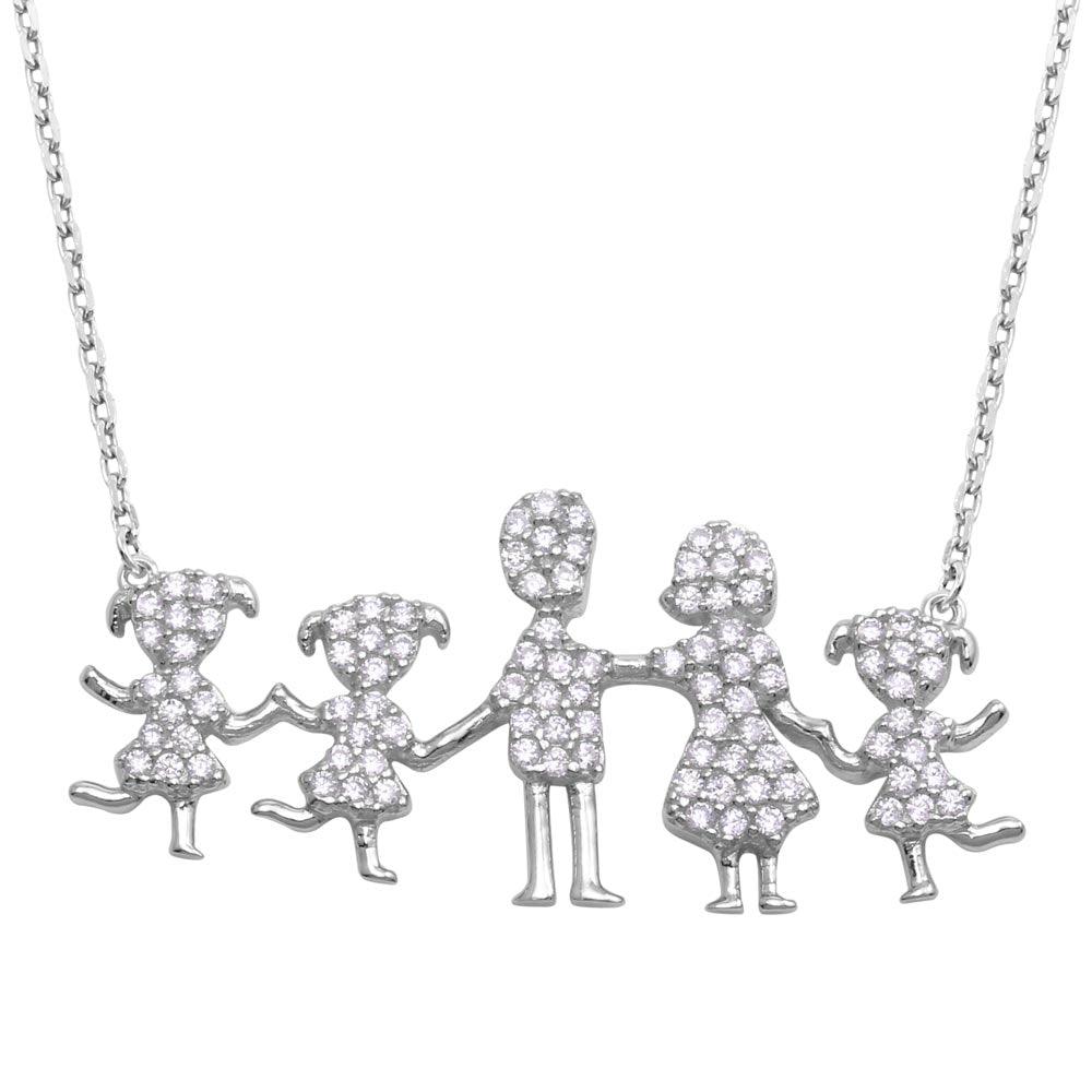 Rhodium Plated 925 Sterling SilverMom, Dad, and 3 Daughters Family Necklace with CZ - GMN00068