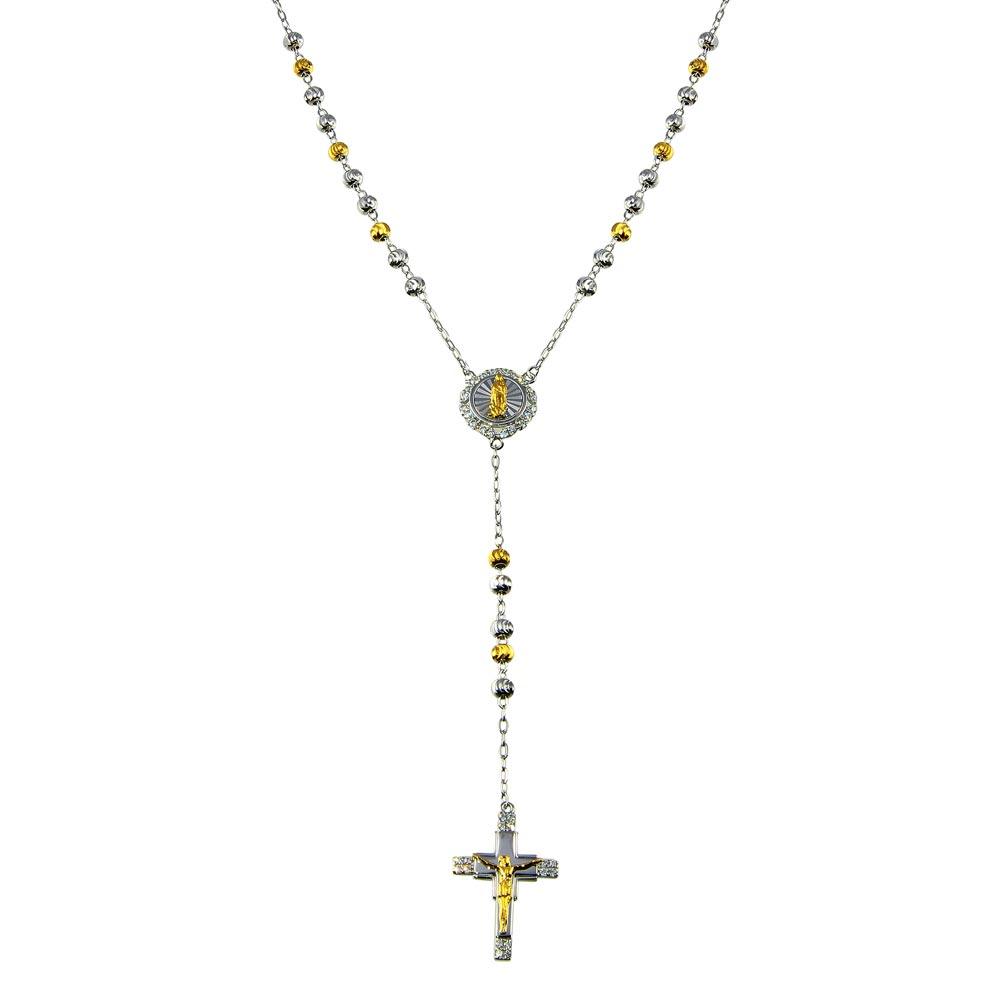 Two-Tone 925 Sterling Silver Plated DC Beaded CZ Cross Rosary - GMN00088RG