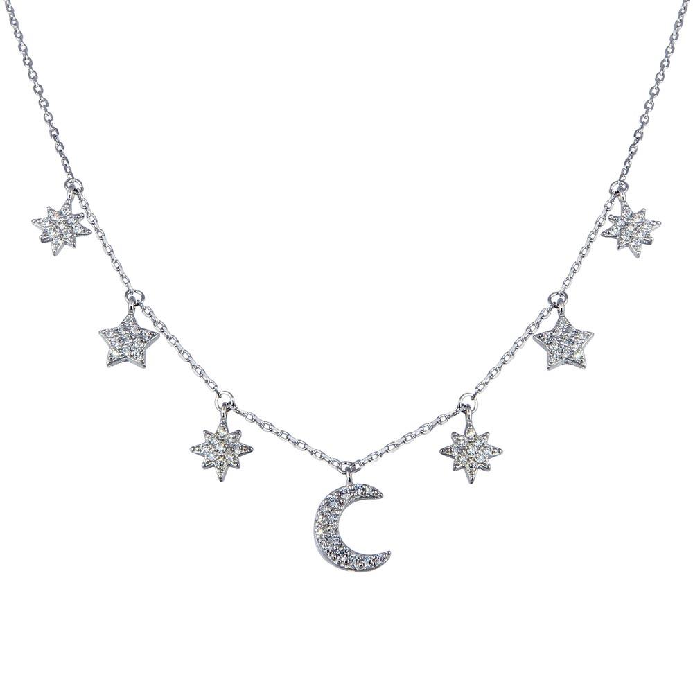 Rhodium Plated 925 Sterling Silver CZ  Star and Crescent Moon Necklace - GMN00089