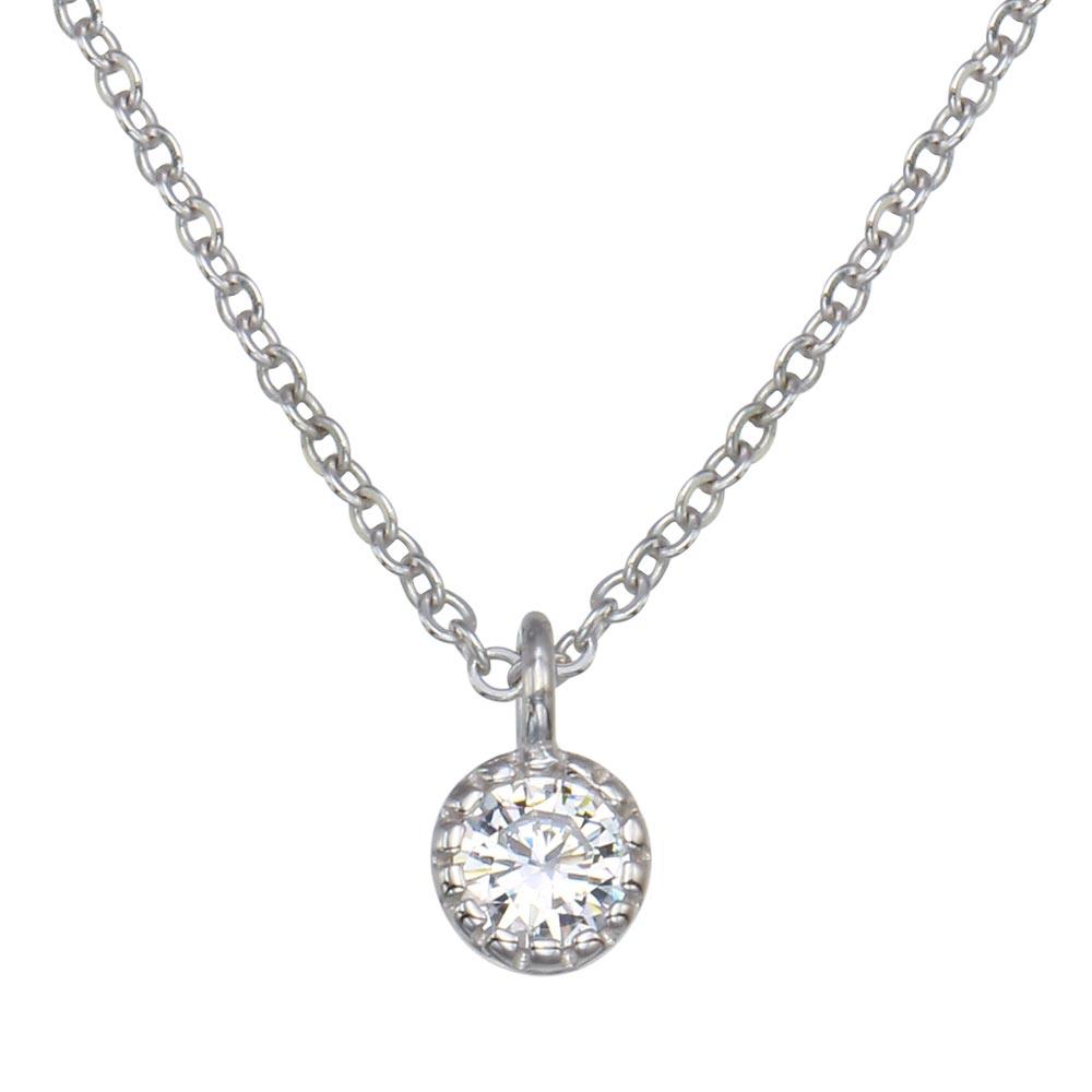 Rhodium Plated 925 Sterling Silver Single CZ Solitaire Necklace - GMN00093