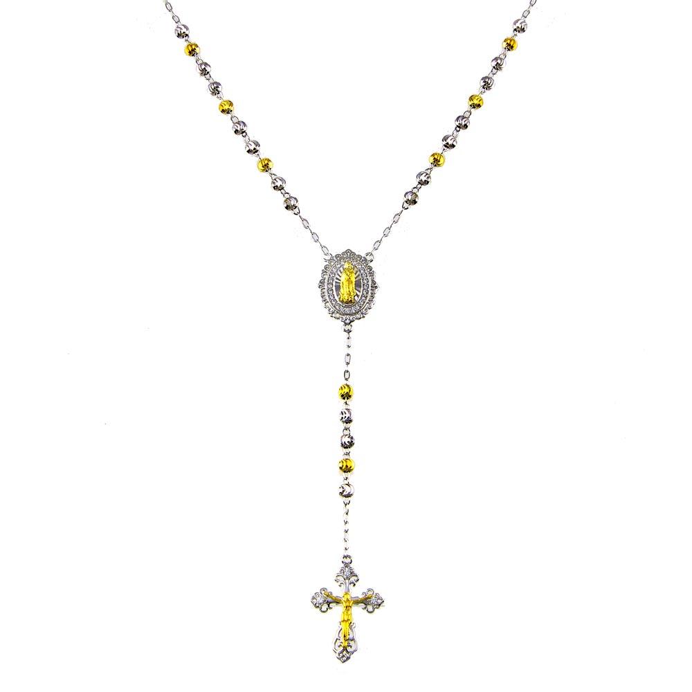 Two-Tone 925 Sterling Silver Plated DC Beaded CZ Medallion Rosary - GMN00094RG