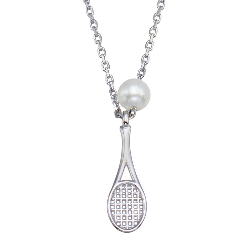 Rhodium Plated 925 Sterling Silver Synthetic Mother of Pearl Tennis Racket Necklace - GMN00095