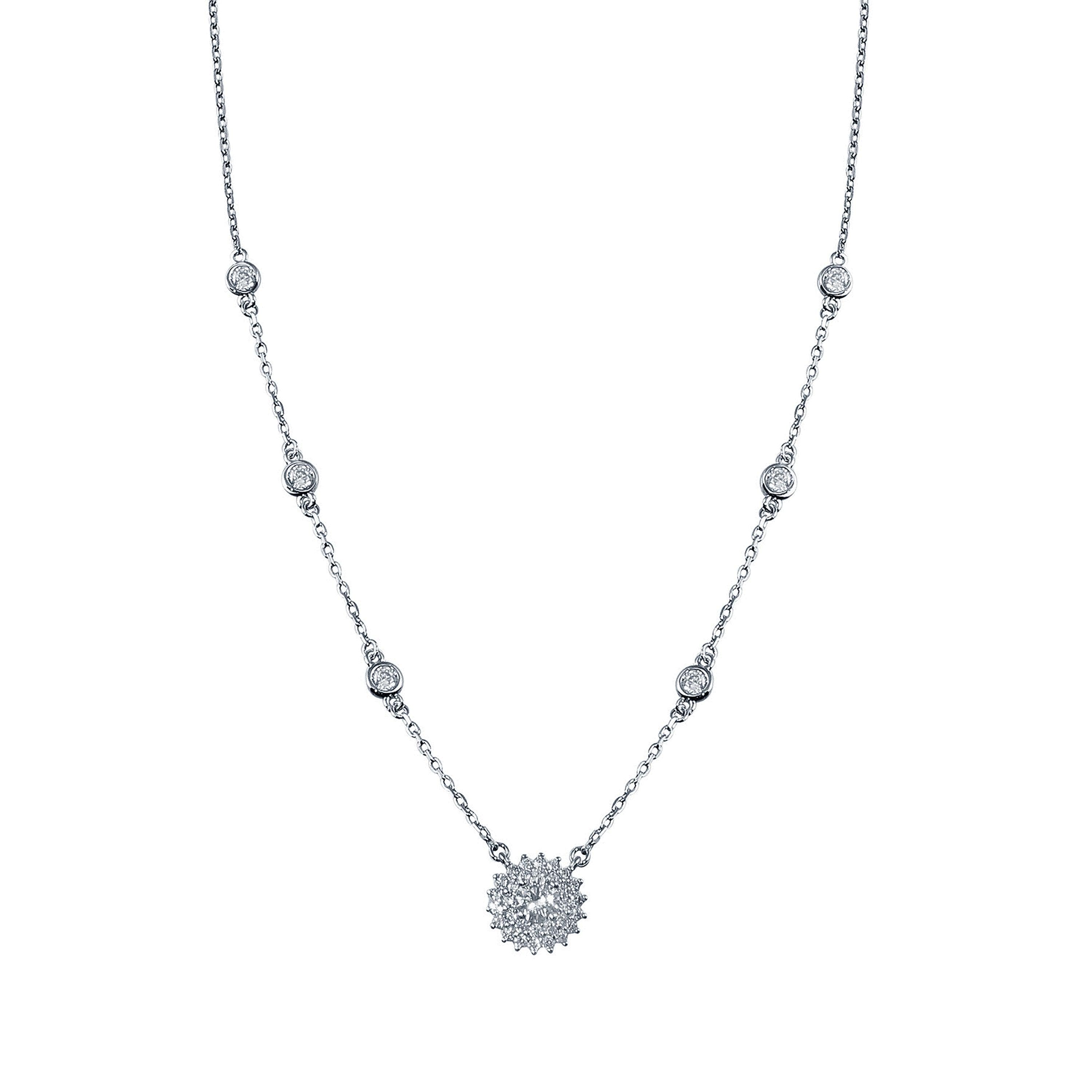 Rhodium Plated 925 Sterling Silver CZ Disc Flower Necklace - GMN00097