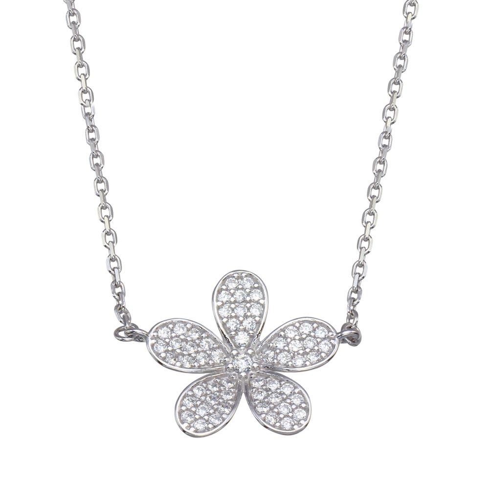 Rhodium Plated 925 Sterling Silver CZ Flower Necklace - GMN00098