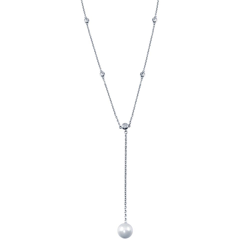 Rhodium Plated 925 Sterling Silver CZ By The Yard Necklace with drop Mother of Pearl - GMN00103