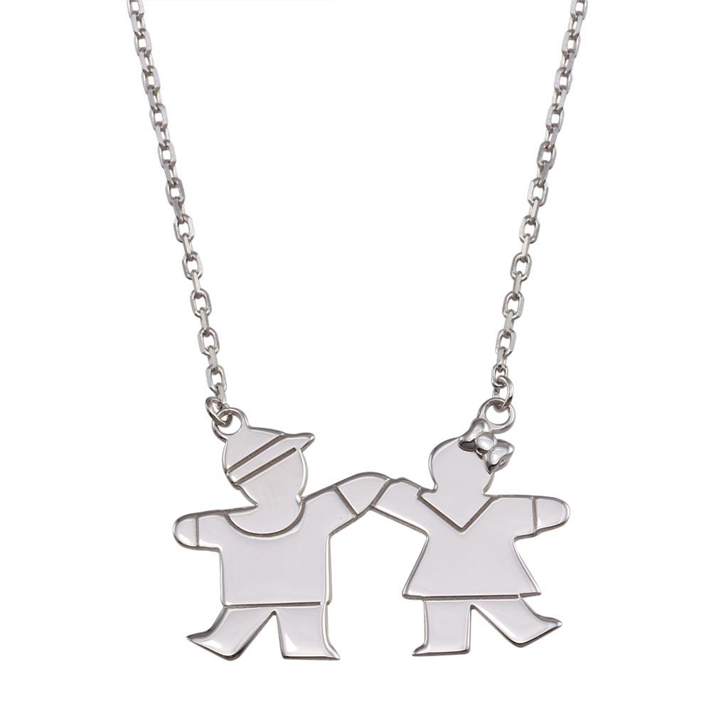 Rhodium Plated 925 Sterling Silver Boy and Girl Necklace with CZ - GMN00119