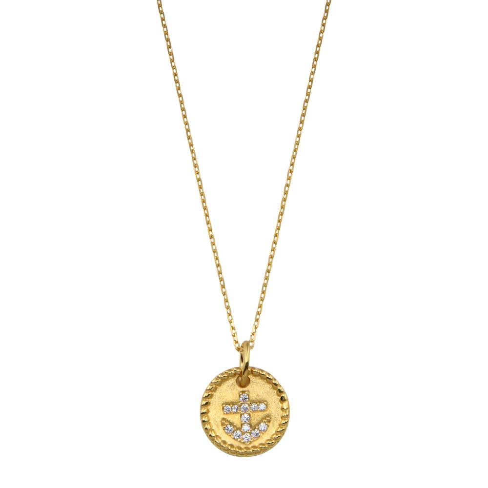 Gold Plated 925 Sterling Silver CZ Round Anchor Necklace - GMN00185GP