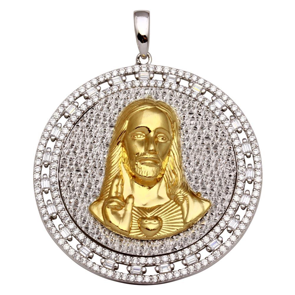 Two-Tone 925 Sterling Silver Round Jesus Pendant Necklace **Pendant Only** - GMP00012RG