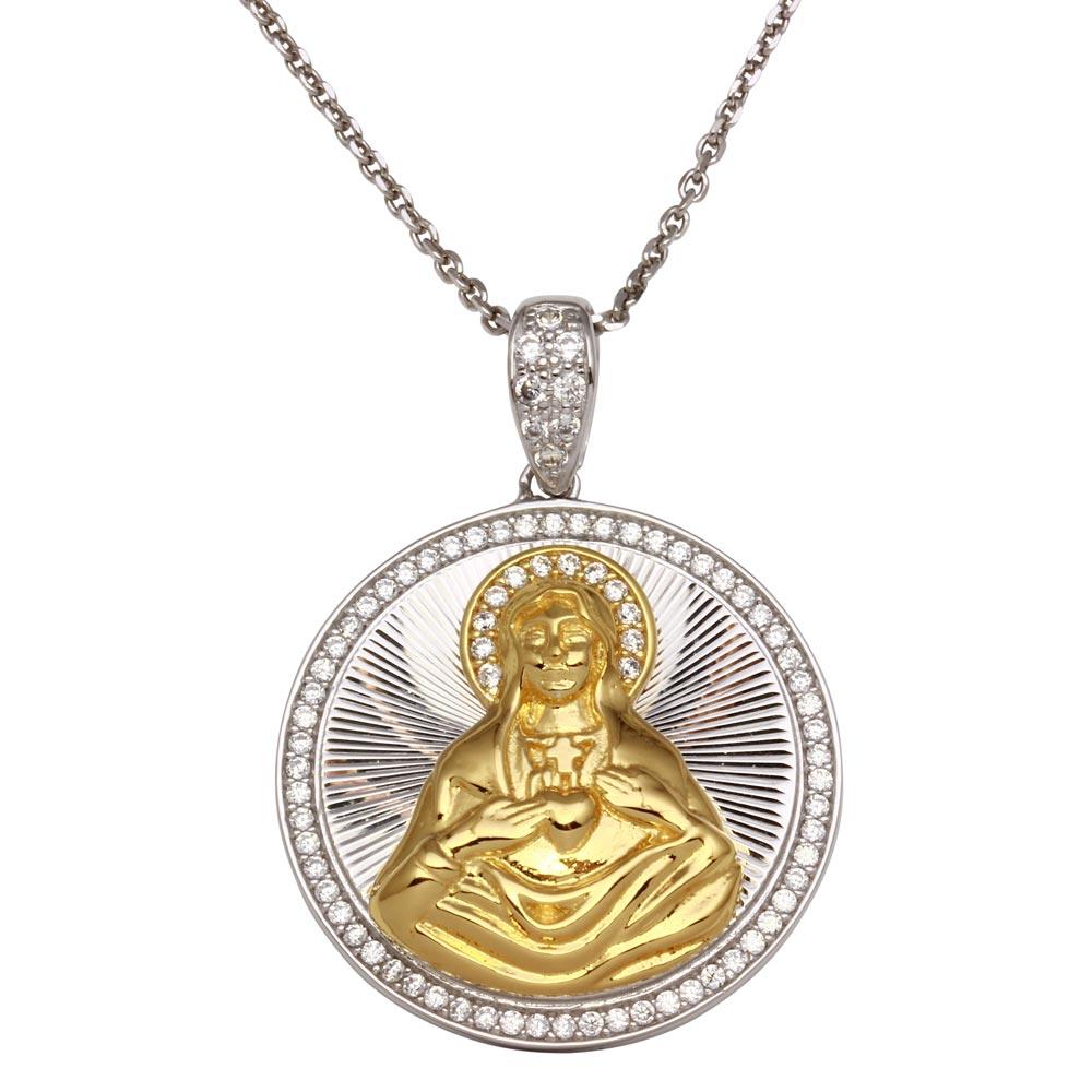 Two-Tone 925 Sterling Silver Round Virgin Mary Pendant Necklace with CZ - GMP00014RG