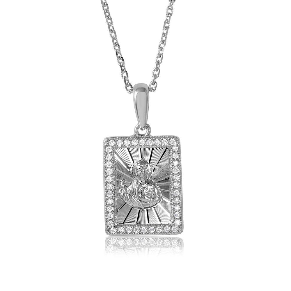 Silver 925 Rhodium Plated Rectangle CZ Jesus Medallion with Chain - GMP00001RH