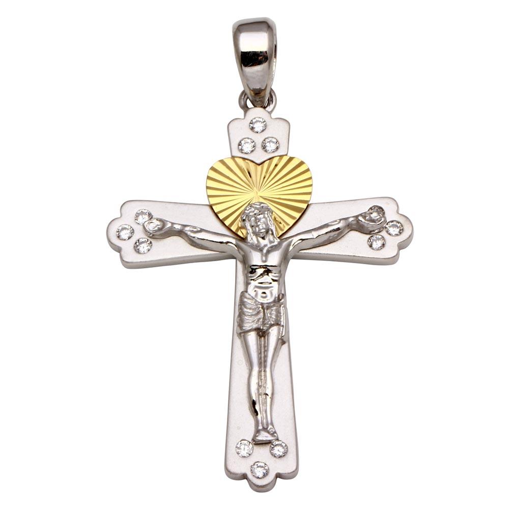 Two-Tone 925 Sterling Silver Crucifix Heart Pendant with CZ **Pendant Only** - GMP00022RG