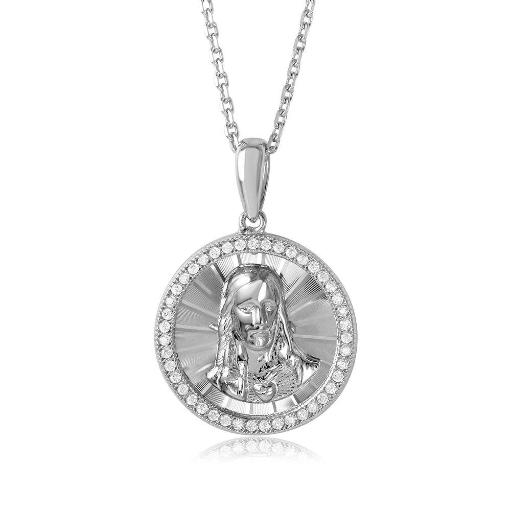 Silver 925 Rhodium Plated Diamond Cut CZ Jesus Medallion with Chain - GMP00002RH