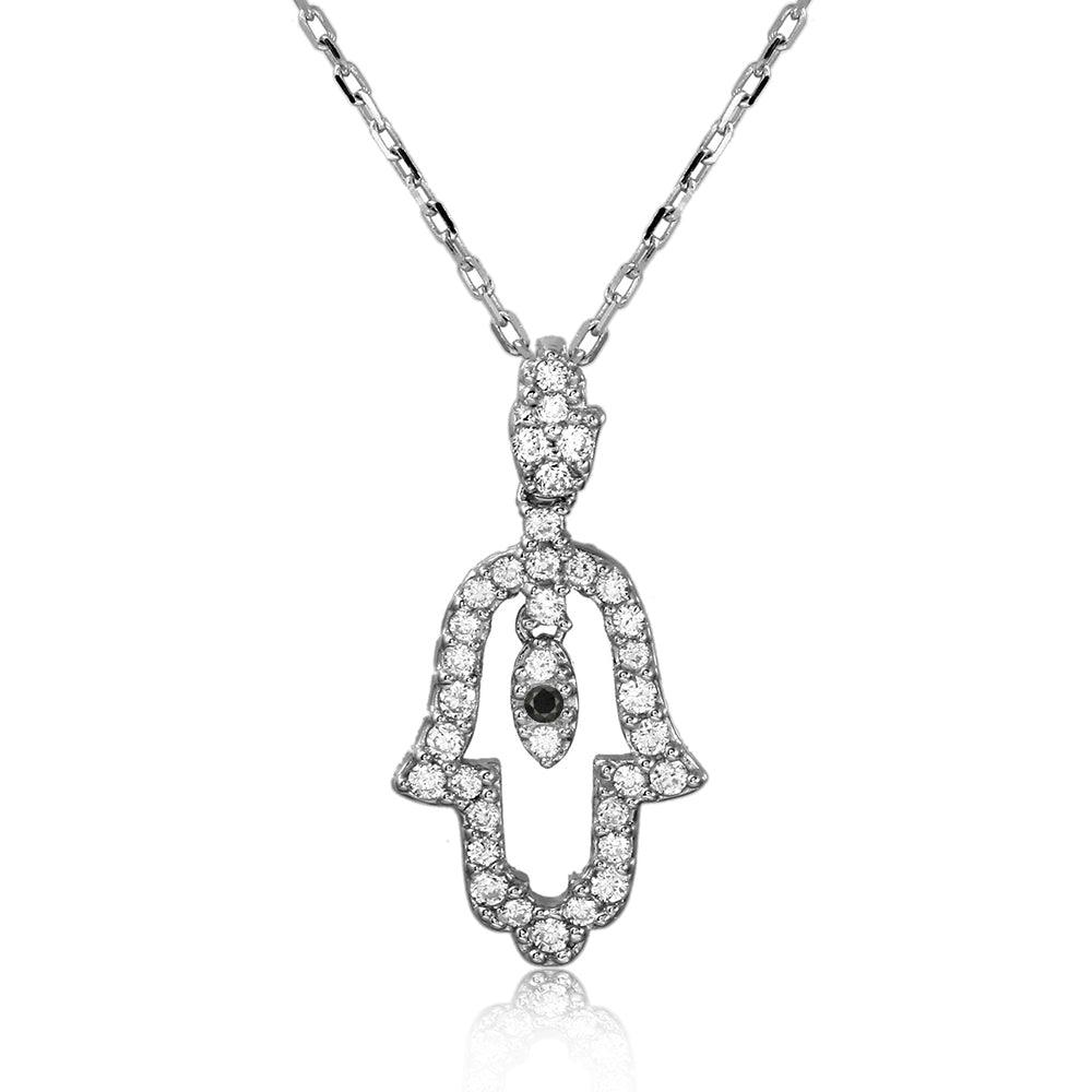 Silver 925 Rhodium Plated Open Hamsa CZ Necklace - GMP00004-BLACK