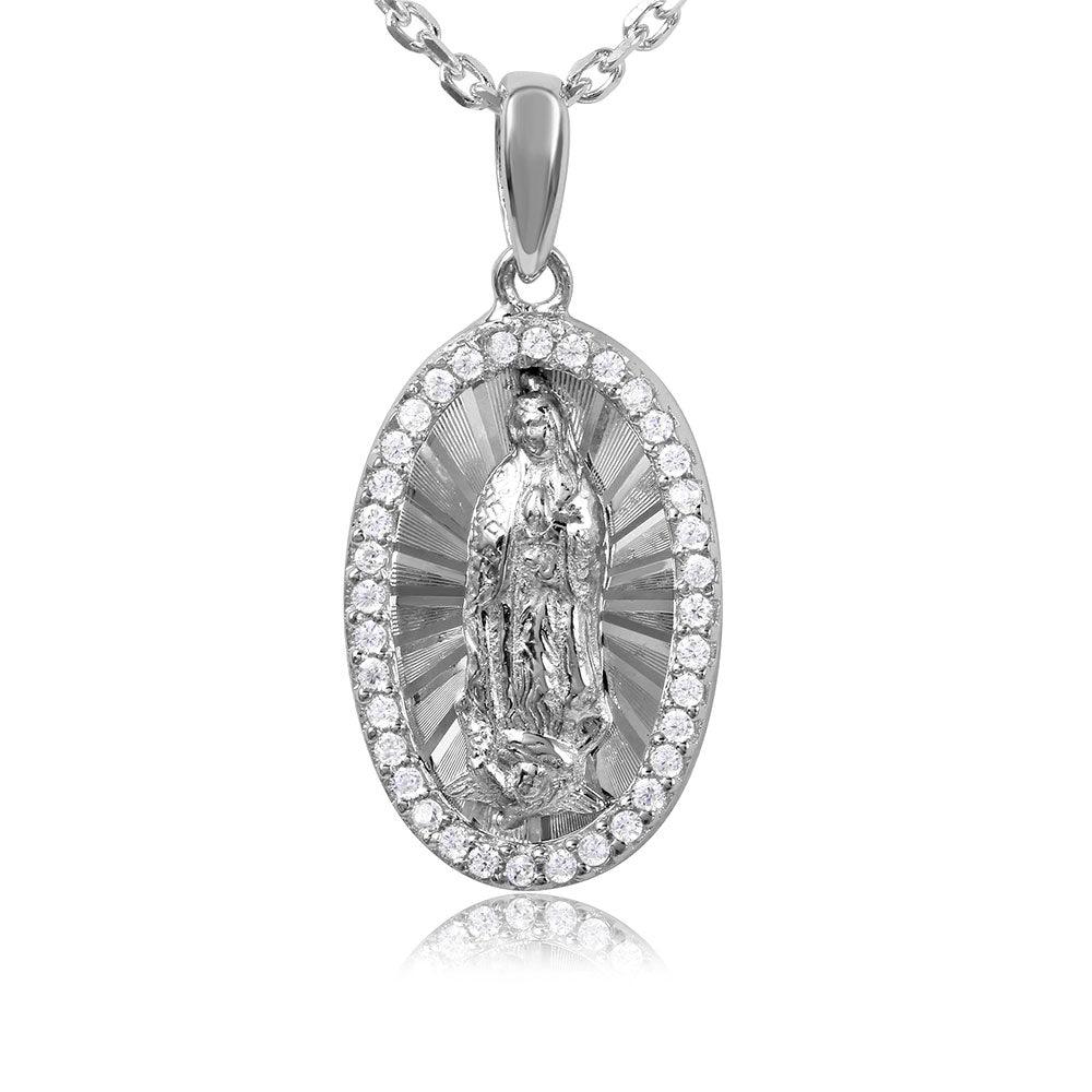 Silver 925 Rhodium Plated Oval CZ Frame Medallion with Chain - GMP00005RH