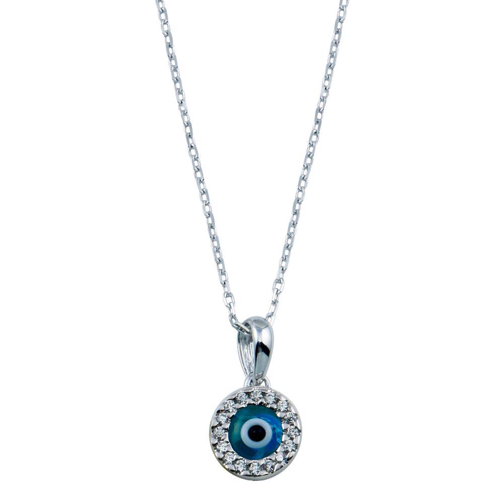 Silver 925 Rhodium Plated Round Evil Eye Necklace - GMP00006RH-BLUE