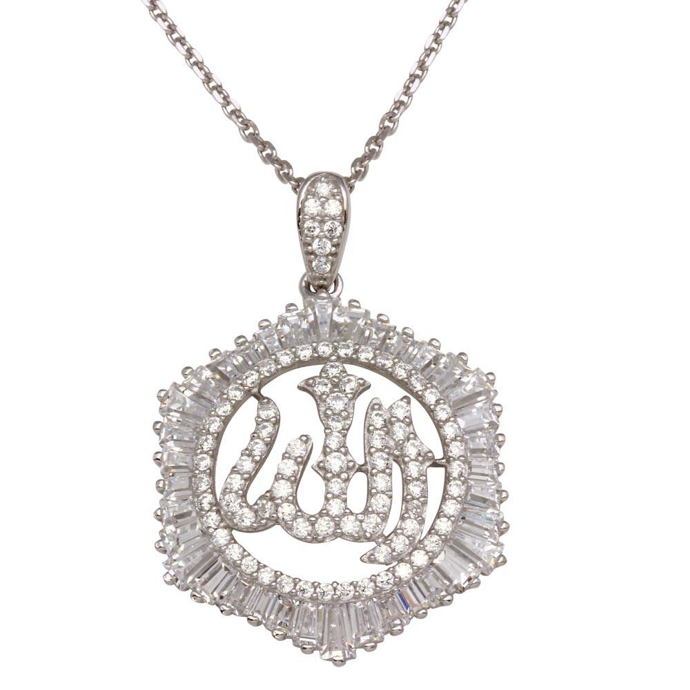 Rhodium Plated 925 Sterling Silver Allah Necklace with CZ - GMP00007