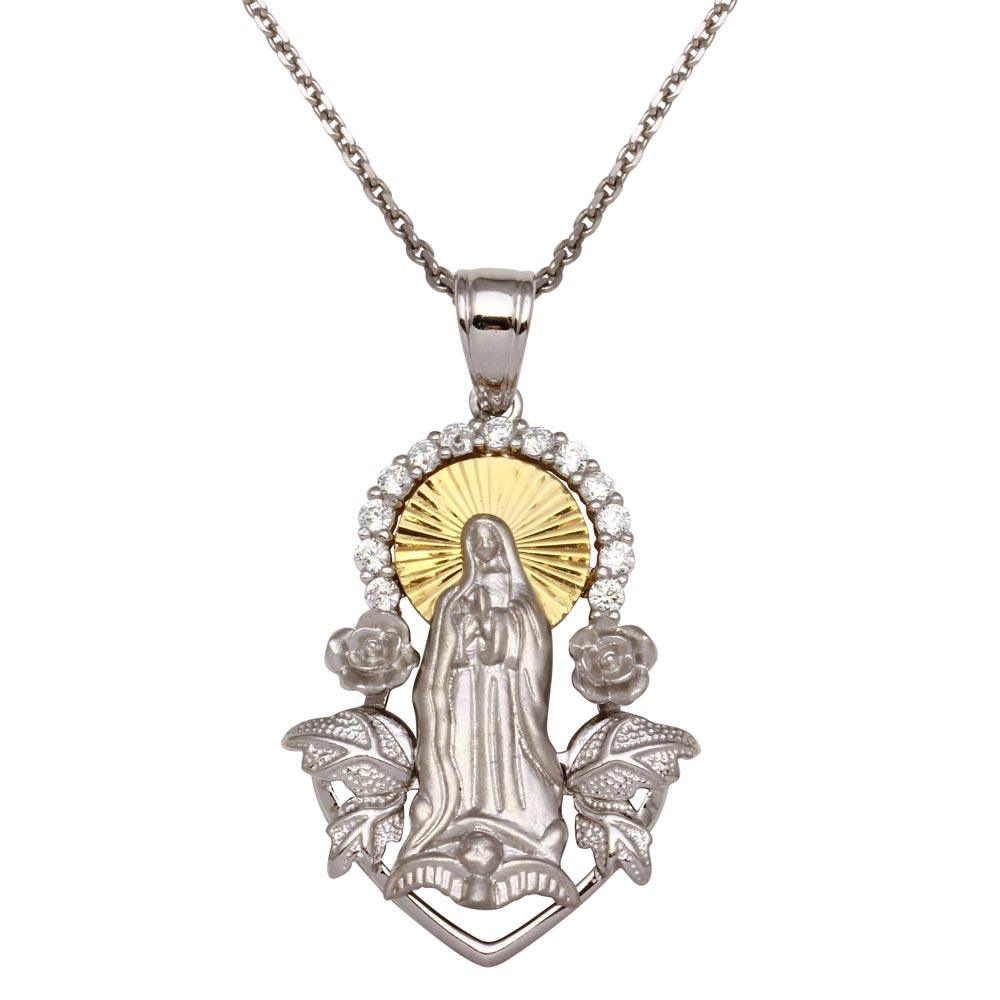 Two-Tone 925 Sterling Silver Virgin Mary Pendant Necklace - GMP00008RG