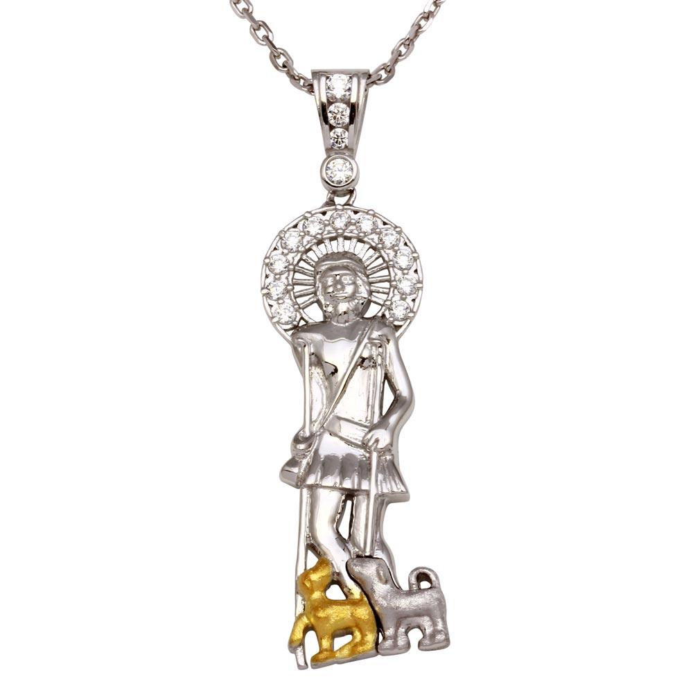 Two-Tone 925 Sterling Silver Saint Lazarus Pendant Necklace with CZ - GMP00009RG