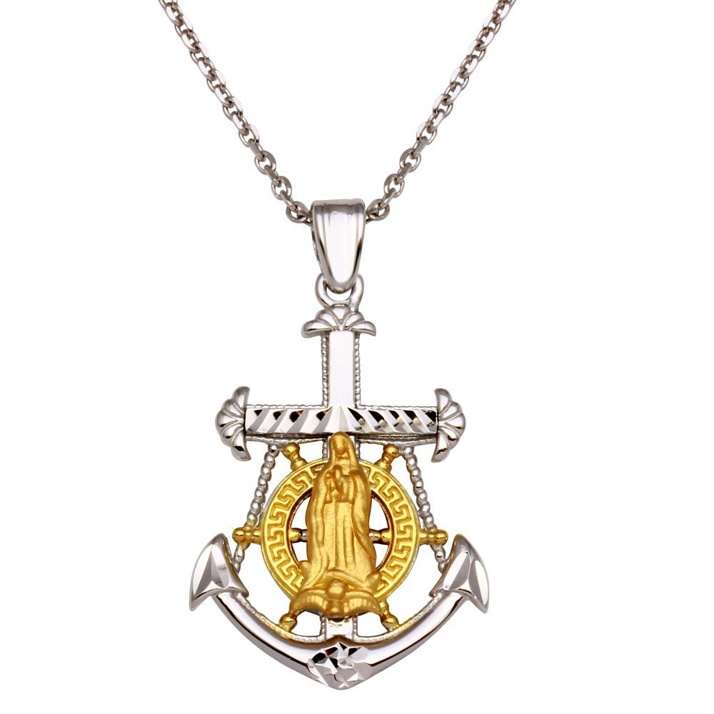 Two-Tone 925 Sterling Silver Virgin Mary Anchor Pendant Necklace - GMP00010RG