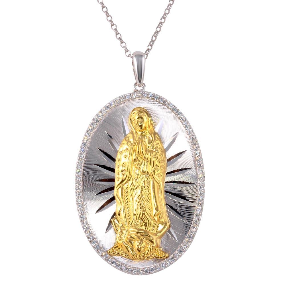 Two-Tone 925 Sterling Silver Large Virgin Mary Medallion Necklace with CZ - GMP00015GP