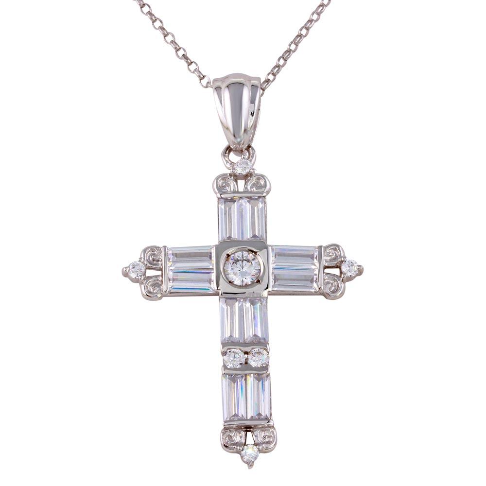 Rhodium Plated 925 Sterling Silver CZ Cross Necklace - GMP00016