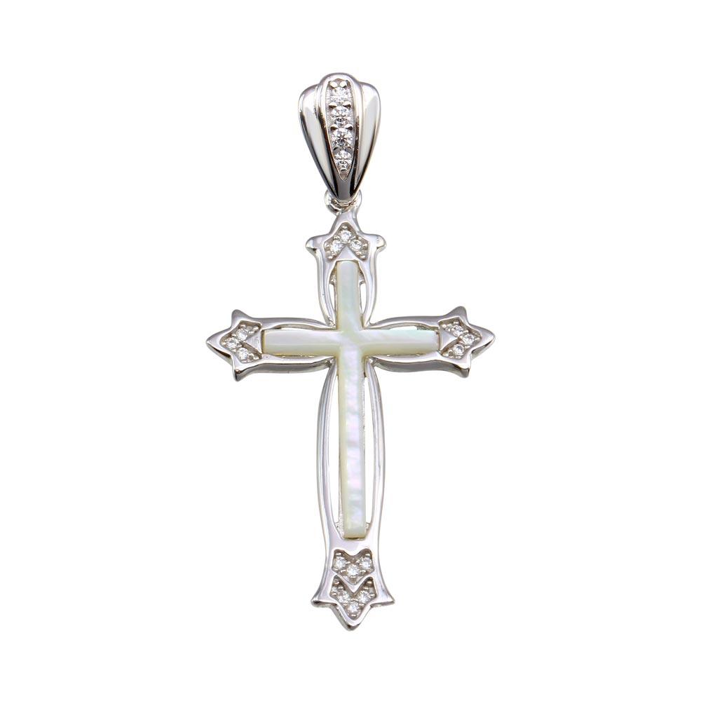 Rhodium Plated 925 Sterling Silver Mother of Pearl CZ Fleury Cross Pendant - GMP00025