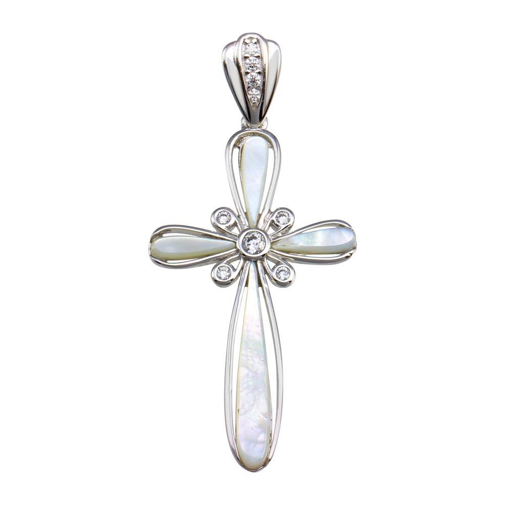 Rhodium Plated 925 Sterling Silver Mother of Pearl CZ Flower Center Cross Pendant - GMP00026