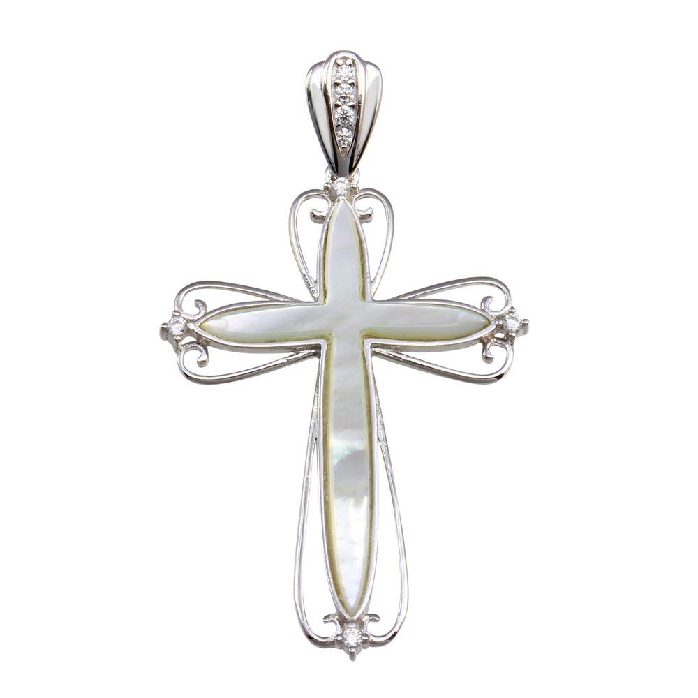 Rhodium Plated 925 Sterling Silver Mother of Pearl CZ Cross Pendant - GMP00027