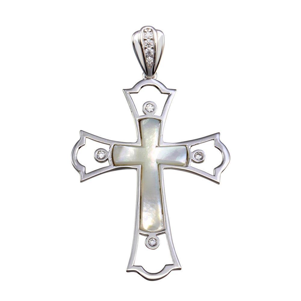 Rhodium Plated 925 Sterling Silver Mother of Pearl CZ Cross Pendant - GMP00029