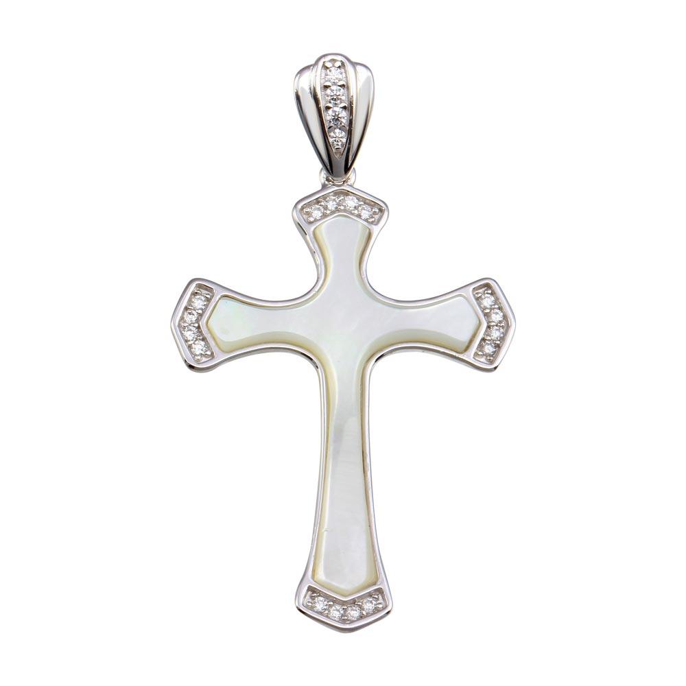 Rhodium Plated 925 Sterling Silver Mother of Pearl CZ Corner Cross Pendant - GMP00030