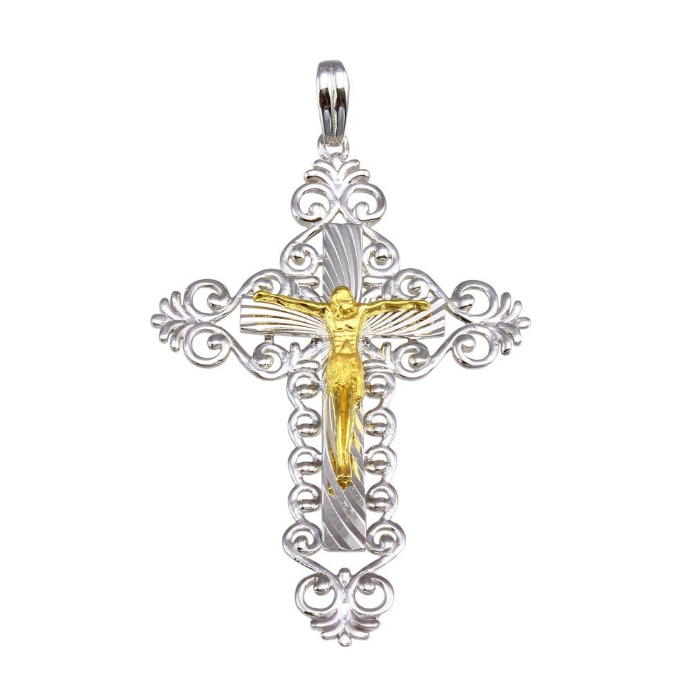 Two-Tone 925 Sterling Silver Plated Double Cross Pendant - GMP00038RG