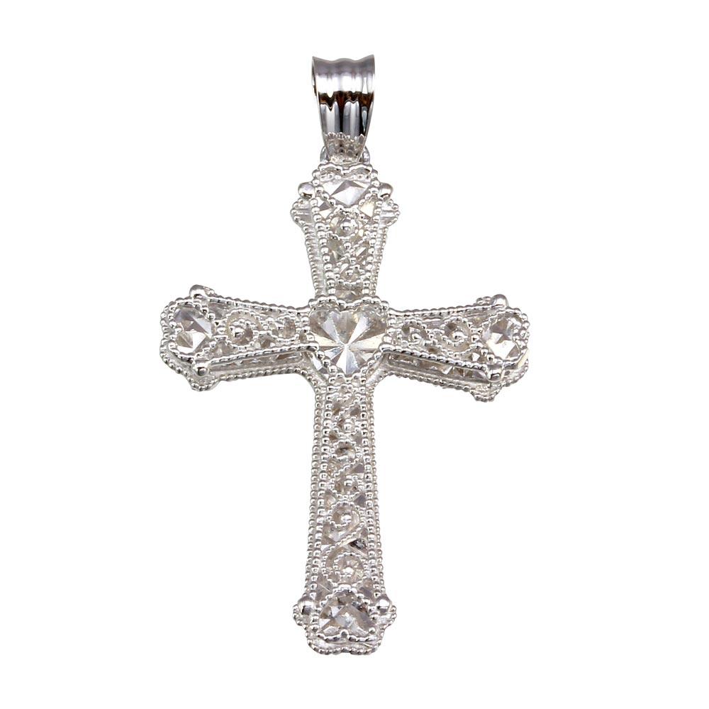 Rhodium Plated 925 Sterling Silver Heart Center Cross Pendant - GMP00052