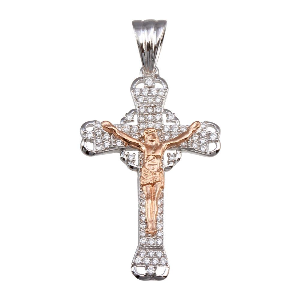 Two-Tone 925 Sterling Silver Plated Heart Center CZ Cross Pendant - GMP00053RHR