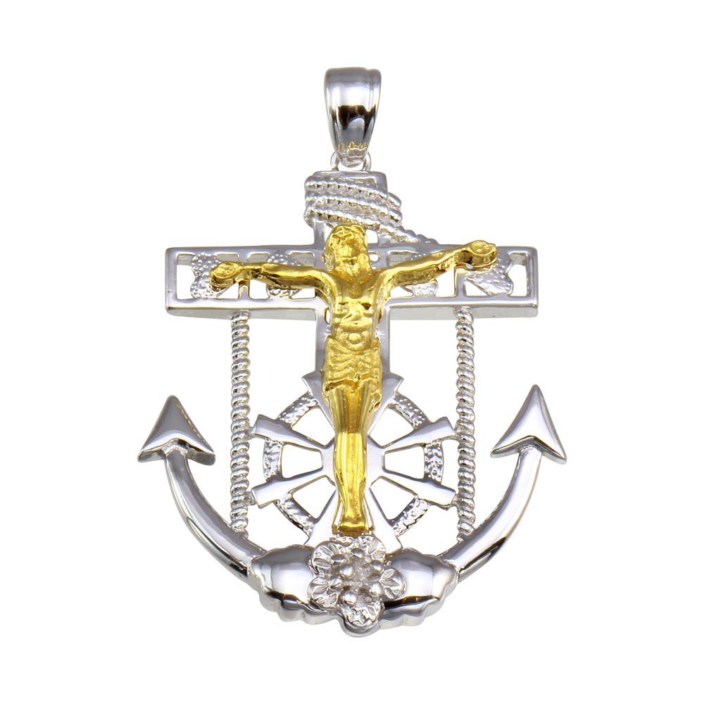 Two-Tone 925 Sterling Silver Plated Mariner Anchor Cross Pendant - GMP00055RG