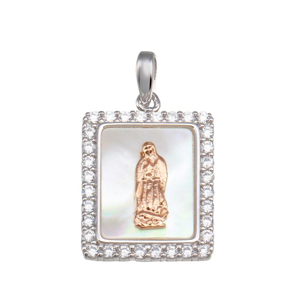 Two-Toned 925 Sterling Silver Synthetic Mother of Pearl Virgin Mary Rectangle Medallion Pendant - GMP00057RHR