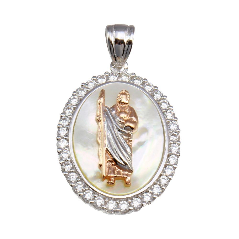 Two-Toned 925 Sterling SilverSynthetic Mother of Pearl St. Jude Oval Medallion Pendant - GMP00060RHR