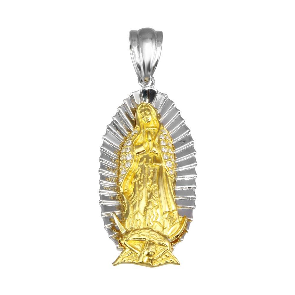 Two-Tone 925 Sterling Silver Plated Lady of Guadalupe CZ Pendant 44mm - GMP00061RG