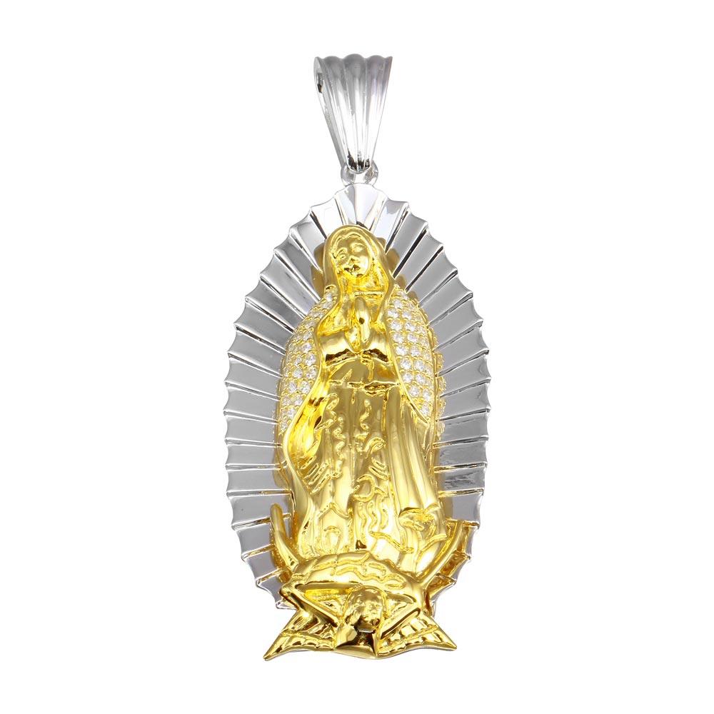 Two-Tone 925 Sterling Silver Plated Lady of Guadalupe CZ Pendant 63mm - GMP00062RG