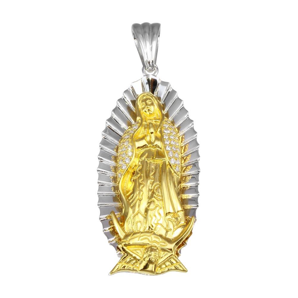 Two-Tone 925 Sterling Silver Plated Lady of Guadalupe CZ Pendant 52mm - GMP00063RG