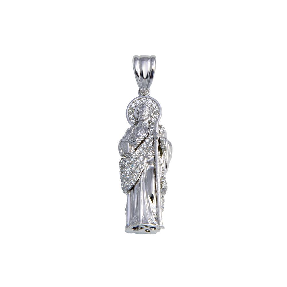 Rhodium Plated 925 Sterling Silver Clear CZ St Jude Pendant 30mm - GMP00086