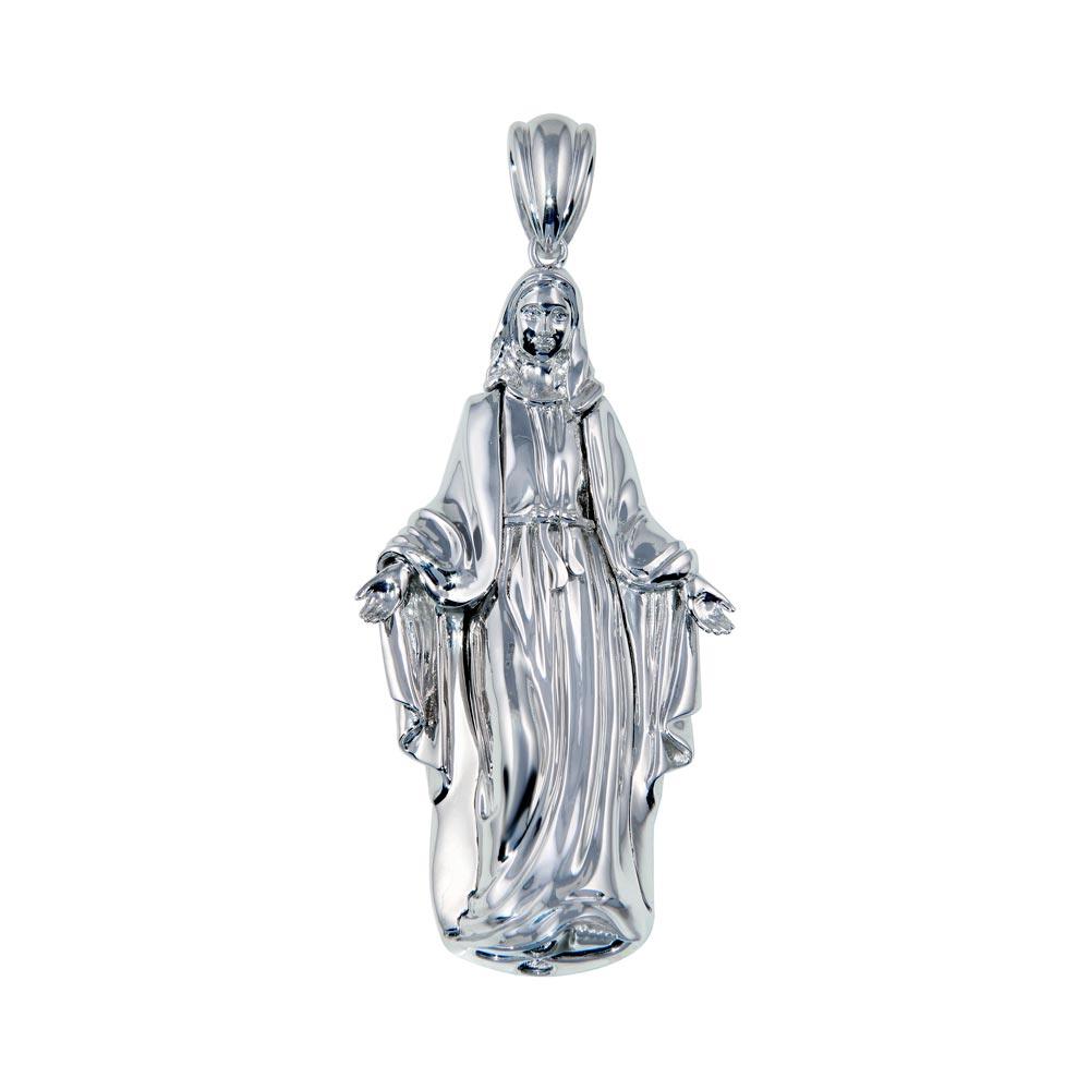 Rhodium Plated 925 Sterling Silver Hollow Mother Mary Pendant 73mm - GMP00087