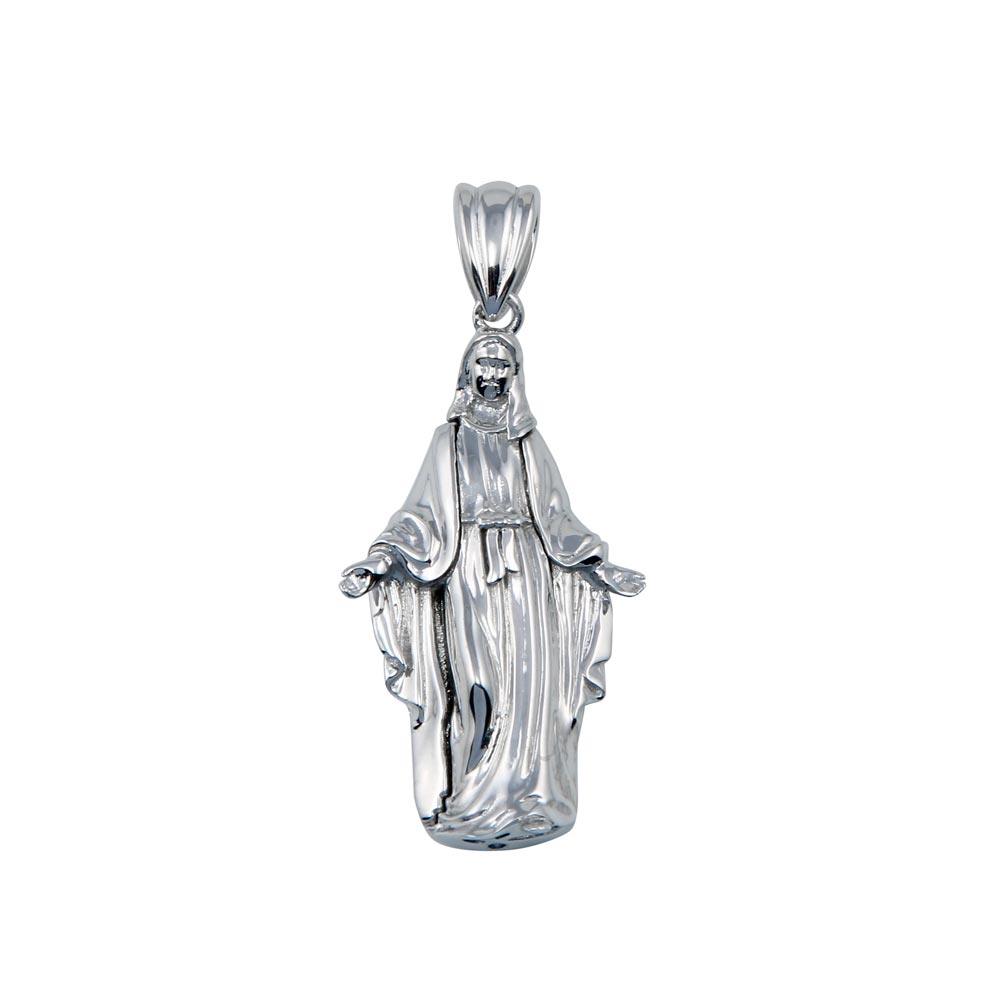 Rhodium Plated 925 Sterling Silver Hollow Mother Mary Pendant 32mm - GMP00088