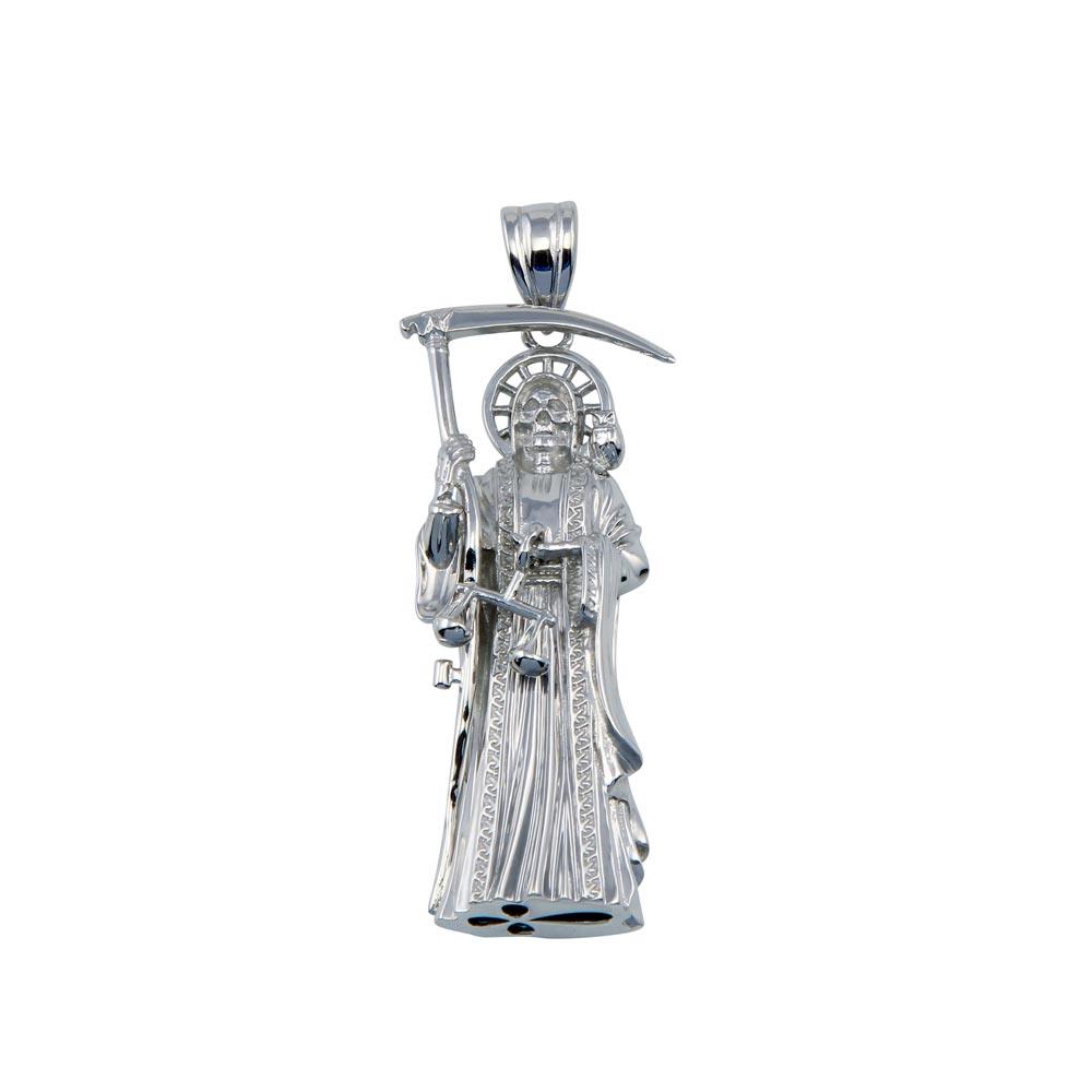 Rhodium Plated 925 Sterling Silver Hollow Santa Muerte Pendant 40mm - GMP00089